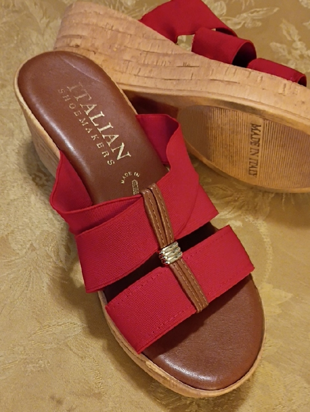 Italian Shoemakers MADE IN ITALY Red Elastic Bow Cork Wedge  Women's Size 6.0
